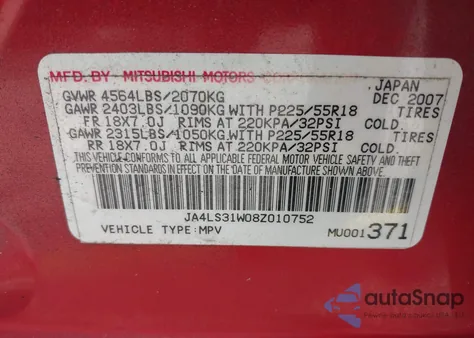 2008 Mitsubishi Outlander Se из США, поврежденный, VIN JA4LS31W08Z010752